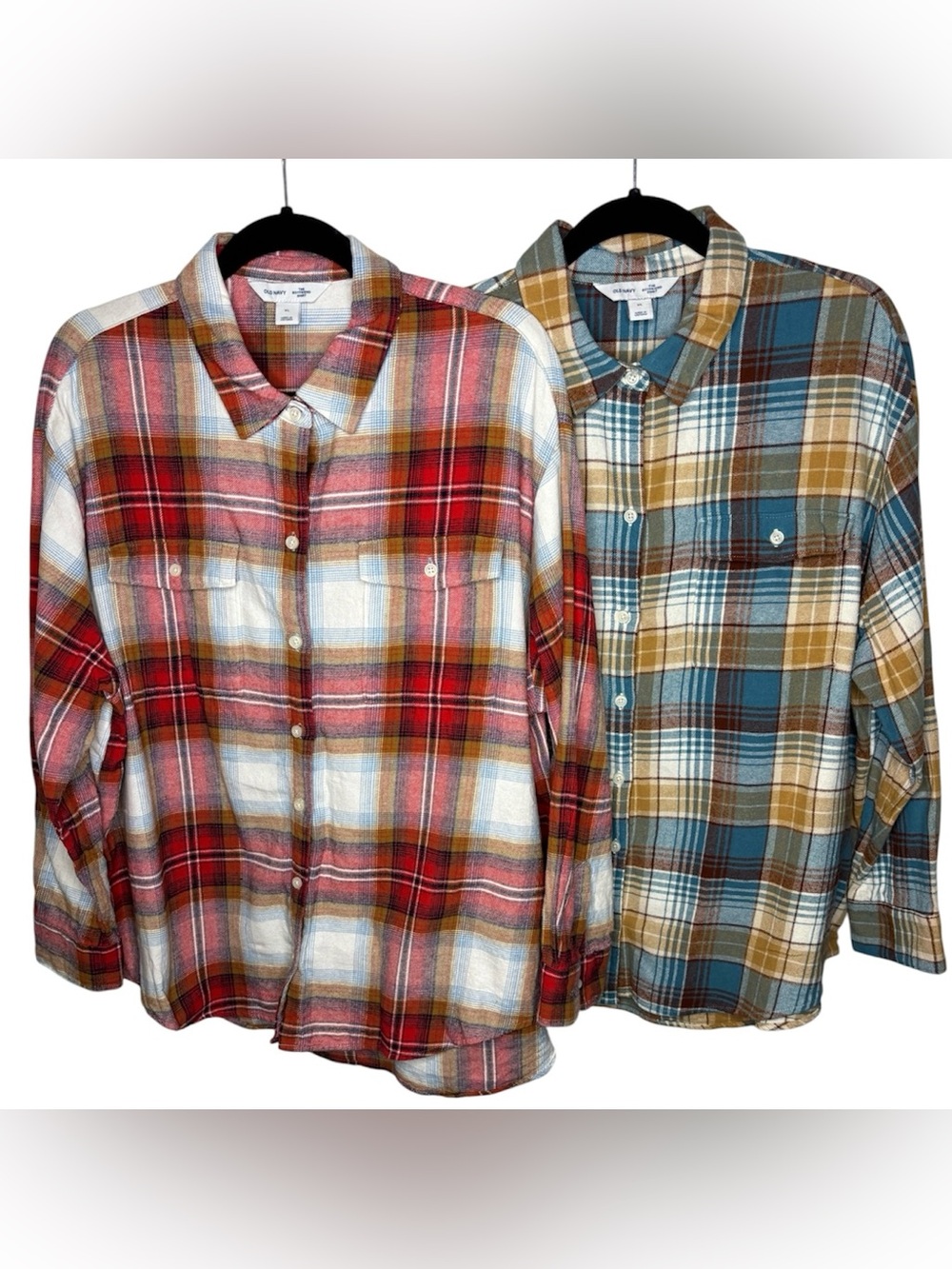 Old Navy Boyfriend Flannel Shirts XL Plaid Fall Bundle Lot of 2